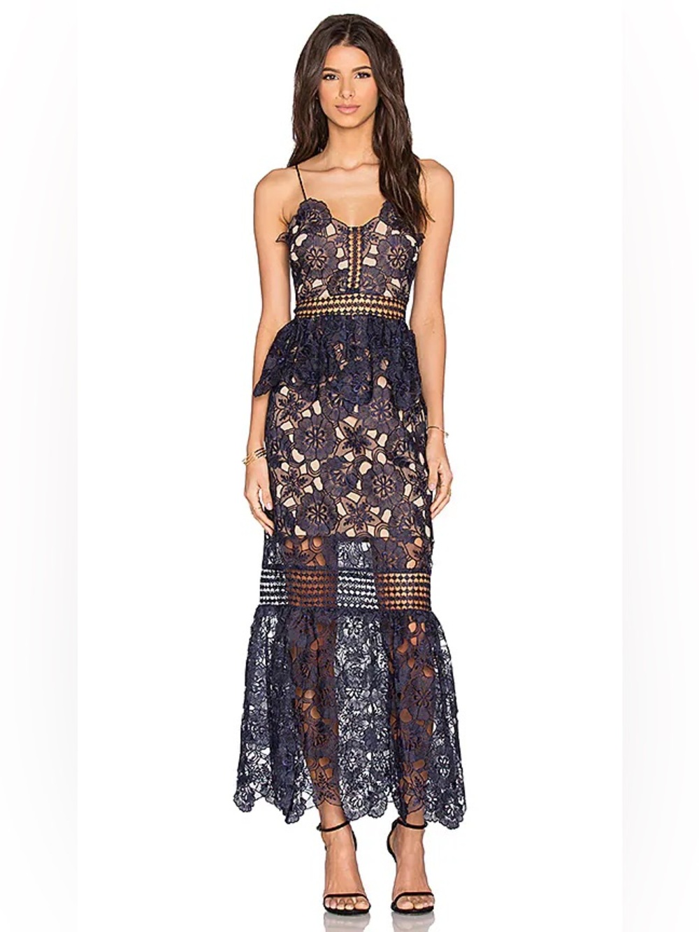 Self-Portrait Amaryllis Sheer Lace Column Dress in Navy Blue Sz 8